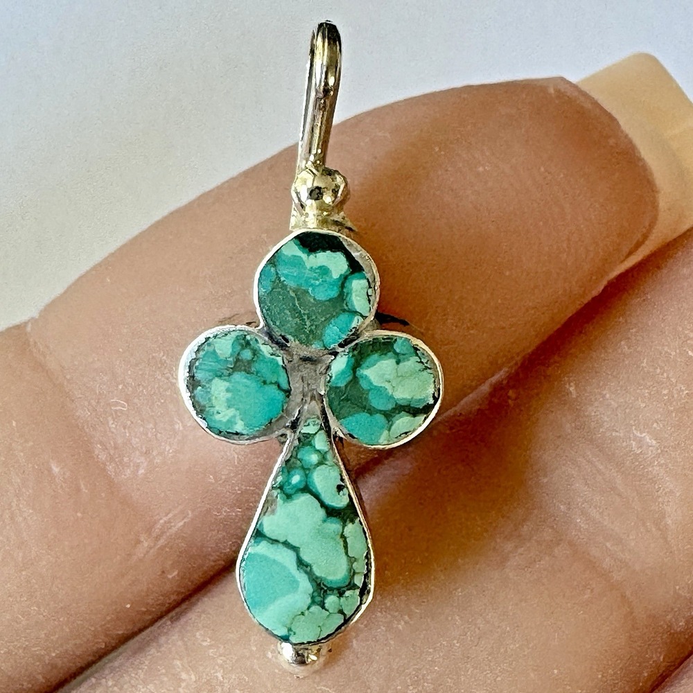Zuni Turquoise Cross Pendant 1in Sterling Signed Othole Religious Native Sm‎